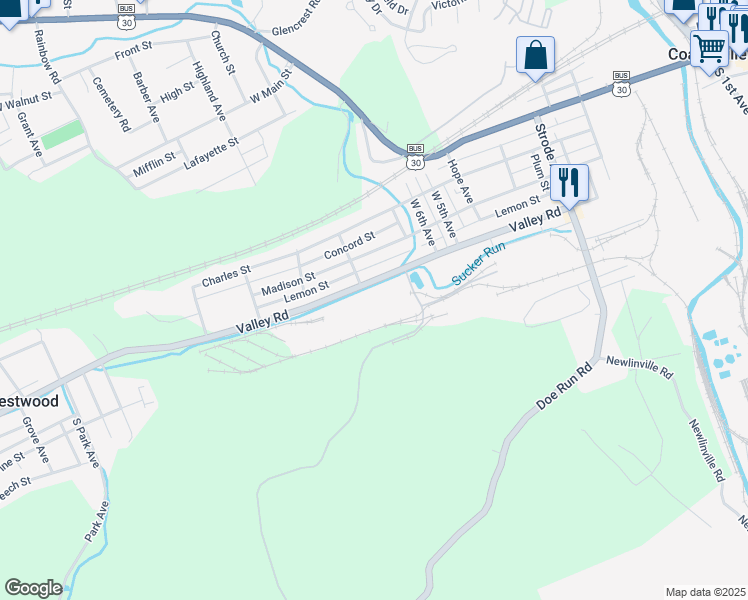 map of restaurants, bars, coffee shops, grocery stores, and more near 804 Valley Road in Coatesville