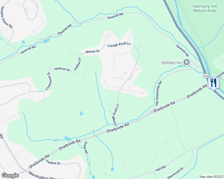 map of restaurants, bars, coffee shops, grocery stores, and more near 1212 Delaware Lane in Downingtown