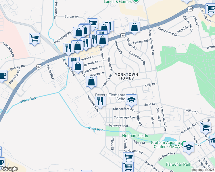map of restaurants, bars, coffee shops, grocery stores, and more near 832 Gunnison Road in York