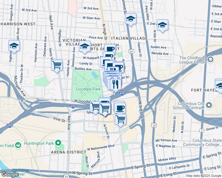 map of restaurants, bars, coffee shops, grocery stores, and more near 625 North High Street in Columbus
