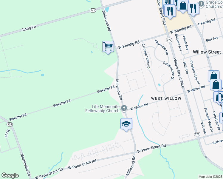 map of restaurants, bars, coffee shops, grocery stores, and more near 21 Sprecher Road in Willow Street
