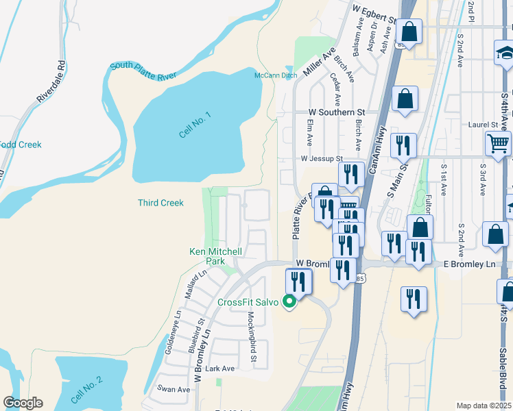 map of restaurants, bars, coffee shops, grocery stores, and more near 744 Mockingbird Street in Brighton