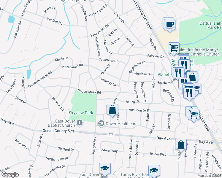 map of restaurants, bars, coffee shops, grocery stores, and more near 1014 Goose Creek Road in Toms River