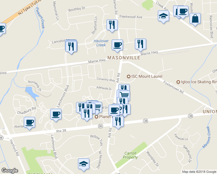 map of restaurants, bars, coffee shops, grocery stores, and more near 5401A Adelaide Drive in Mount Laurel Township