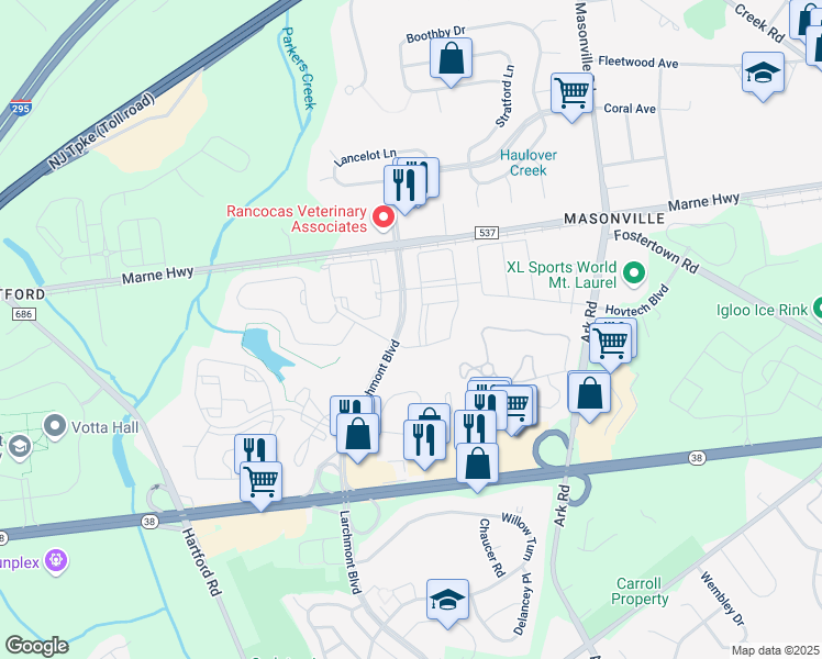 map of restaurants, bars, coffee shops, grocery stores, and more near 104B Saxony Drive in Mount Laurel Township