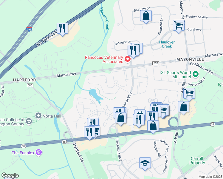 map of restaurants, bars, coffee shops, grocery stores, and more near 8403 Normandy Drive in Mount Laurel Township