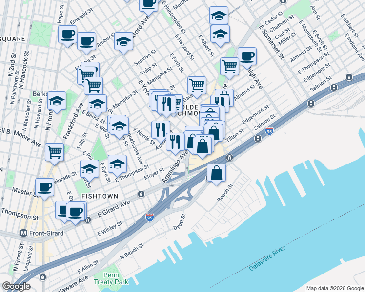 map of restaurants, bars, coffee shops, grocery stores, and more near in Philadelphia