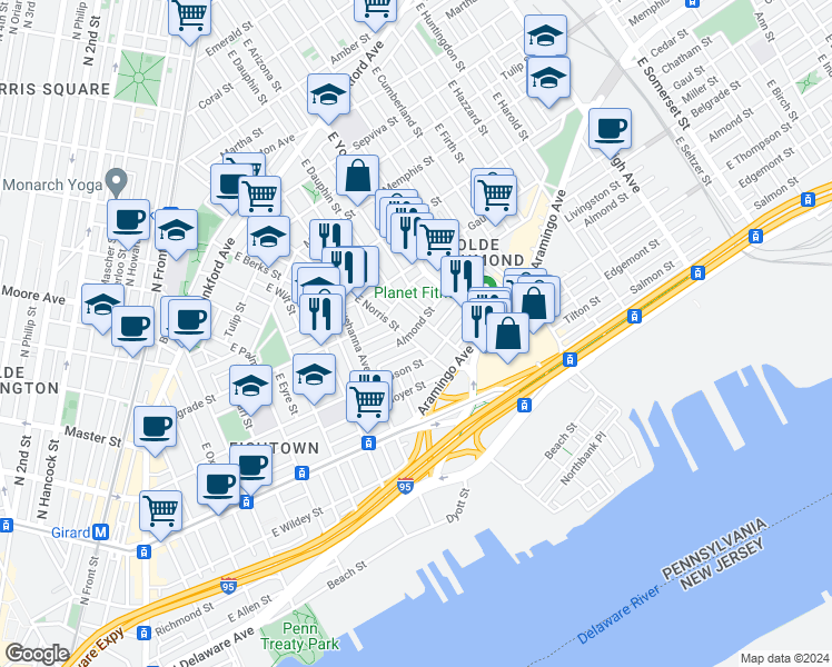 map of restaurants, bars, coffee shops, grocery stores, and more near 2556 East Norris Street in Philadelphia