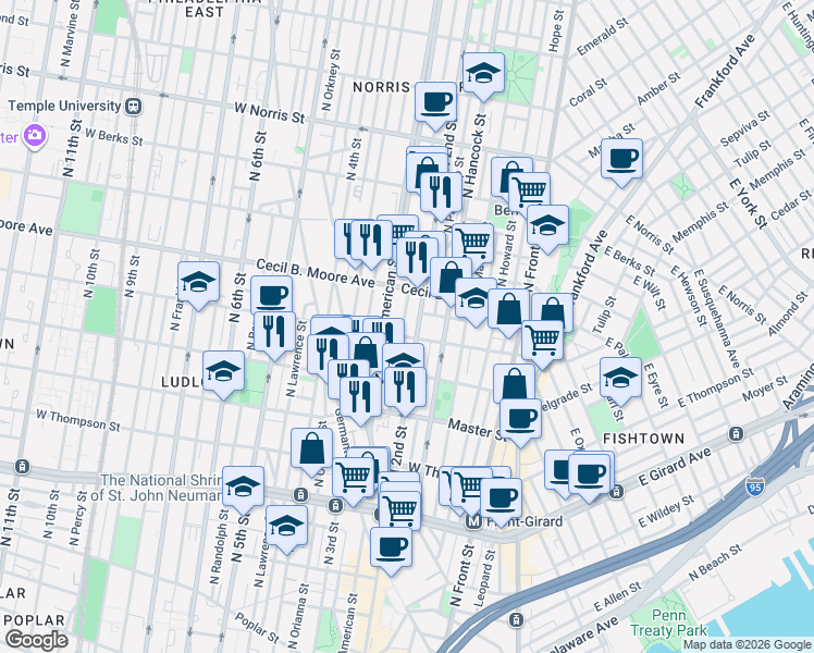 map of restaurants, bars, coffee shops, grocery stores, and more near 225 West Oxford Street in Philadelphia