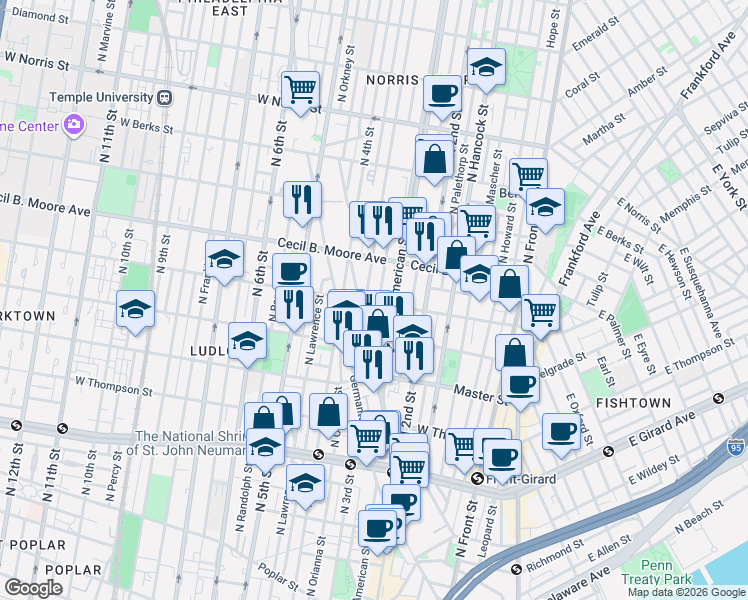 map of restaurants, bars, coffee shops, grocery stores, and more near 266 West Oxford Street in Philadelphia