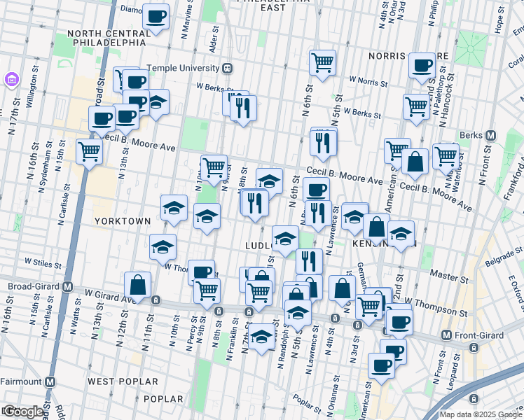 map of restaurants, bars, coffee shops, grocery stores, and more near 1520 North 7th Street in Philadelphia