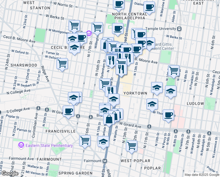 map of restaurants, bars, coffee shops, grocery stores, and more near 1400 North Broad Street in Philadelphia