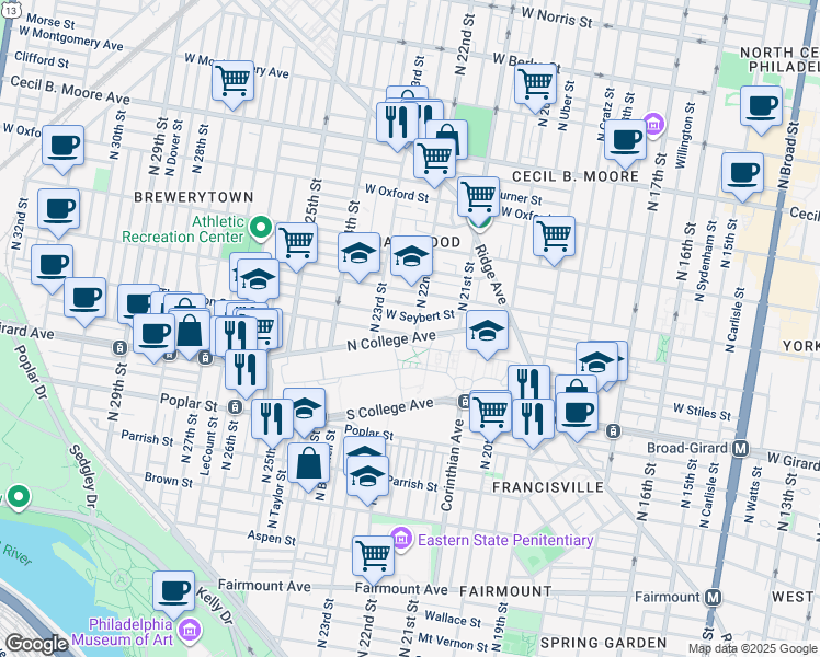 map of restaurants, bars, coffee shops, grocery stores, and more near 2211 West Thompson Street in Philadelphia
