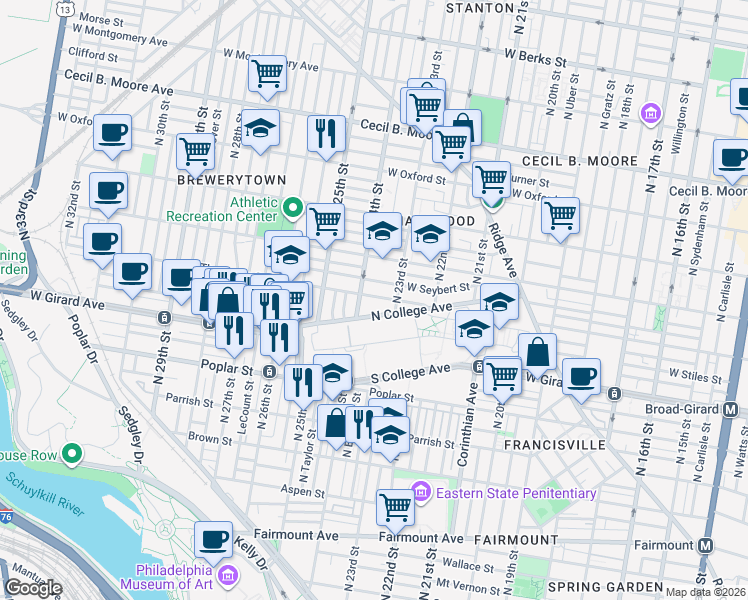 map of restaurants, bars, coffee shops, grocery stores, and more near 1260 North 23rd Street in Philadelphia