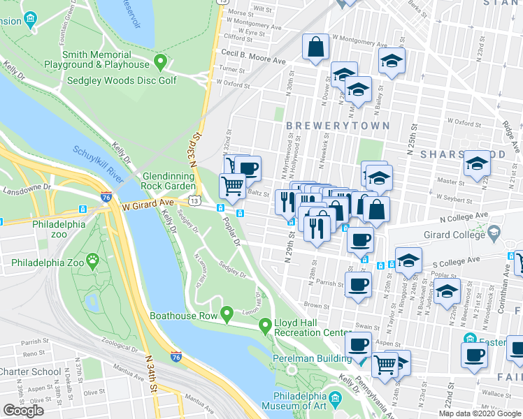 map of restaurants, bars, coffee shops, grocery stores, and more near 3029 West Girard Avenue in Philadelphia