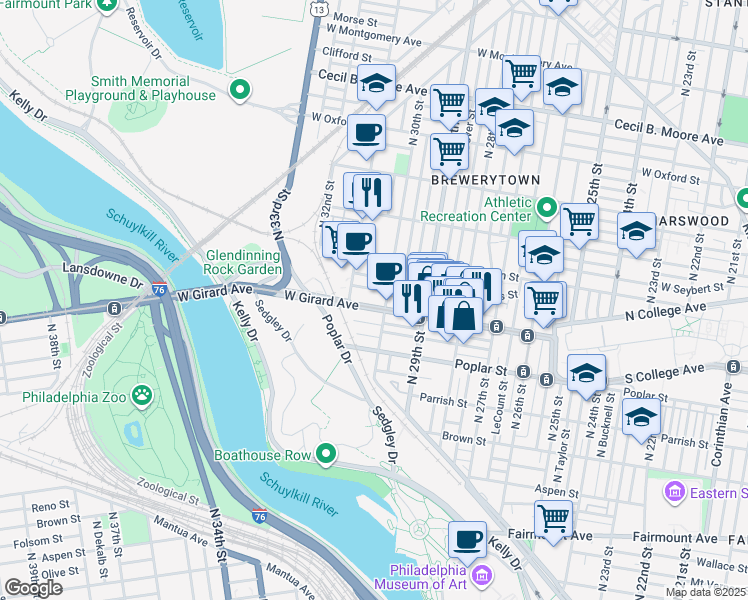 map of restaurants, bars, coffee shops, grocery stores, and more near 3029 West Girard Avenue in Philadelphia