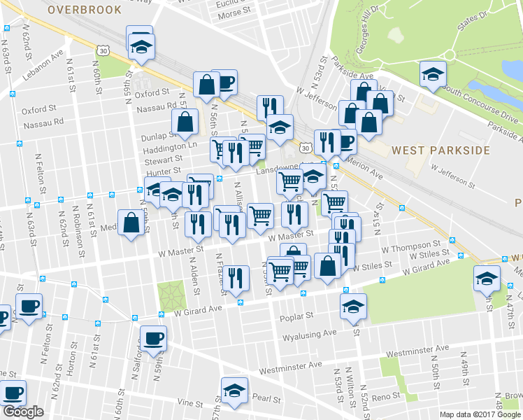 map of restaurants, bars, coffee shops, grocery stores, and more near 1455 North 55th Street in Philadelphia