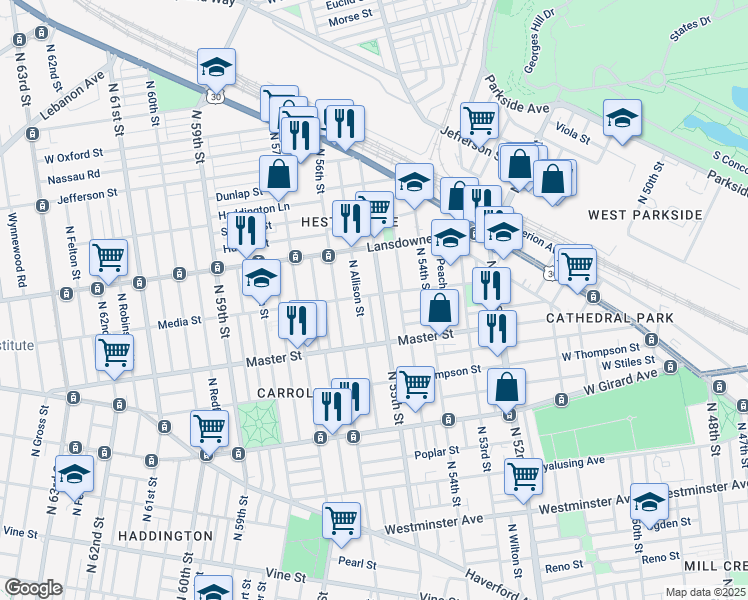map of restaurants, bars, coffee shops, grocery stores, and more near 5549 Media Street in Philadelphia