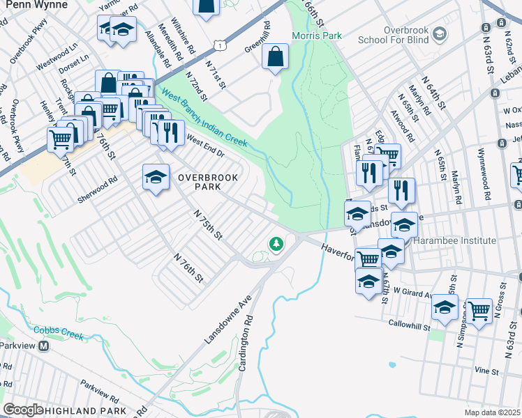 map of restaurants, bars, coffee shops, grocery stores, and more near 7233 Haverford Avenue in Philadelphia