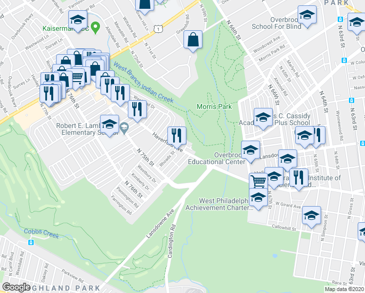map of restaurants, bars, coffee shops, grocery stores, and more near 7235 Haverford Avenue in Philadelphia