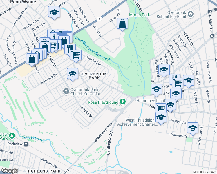 map of restaurants, bars, coffee shops, grocery stores, and more near 7407 Ruskin Road in Philadelphia