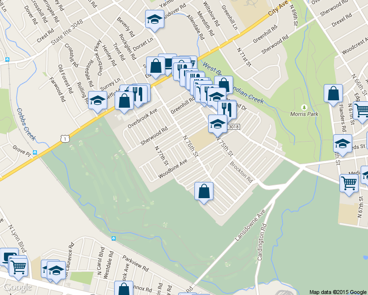 map of restaurants, bars, coffee shops, grocery stores, and more near 1625 Pennington Road in Philadelphia
