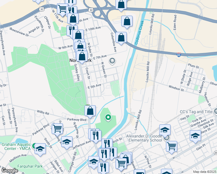 map of restaurants, bars, coffee shops, grocery stores, and more near 813 Dalrymple Street in York