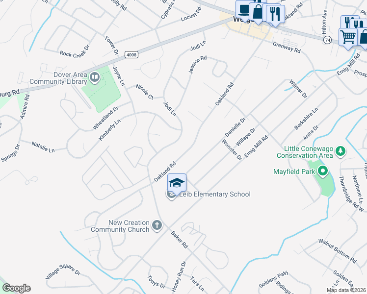 map of restaurants, bars, coffee shops, grocery stores, and more near 2812 Oakland Road in Dover