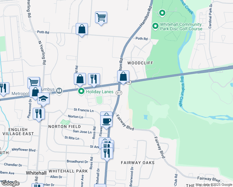 map of restaurants, bars, coffee shops, grocery stores, and more near 35 South Hamilton Road in Whitehall