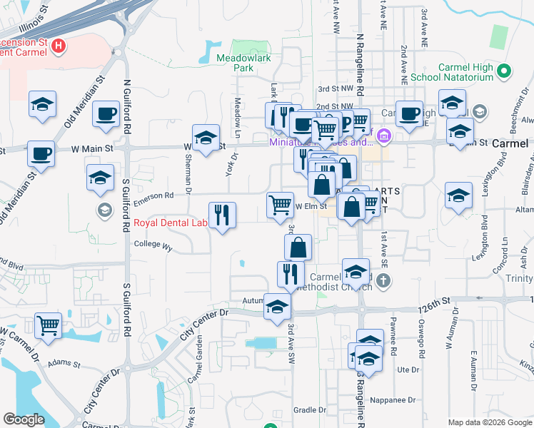 map of restaurants, bars, coffee shops, grocery stores, and more near 520 Industrial Drive in Carmel
