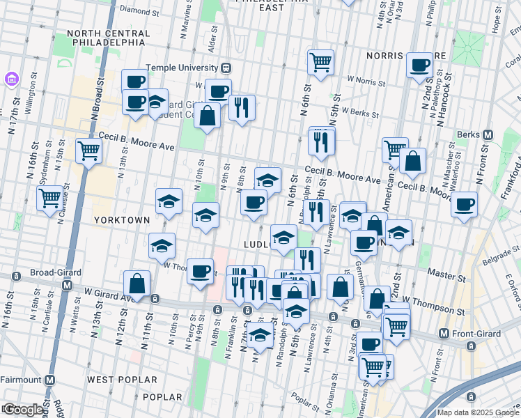 map of restaurants, bars, coffee shops, grocery stores, and more near 1520 North 7th Street in Philadelphia