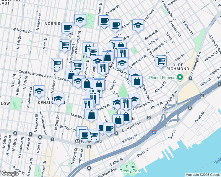 map of restaurants, bars, coffee shops, grocery stores, and more near 1702 Tulip Street in Philadelphia