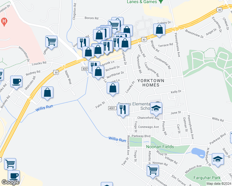 map of restaurants, bars, coffee shops, grocery stores, and more near 929 Fahs Street in York