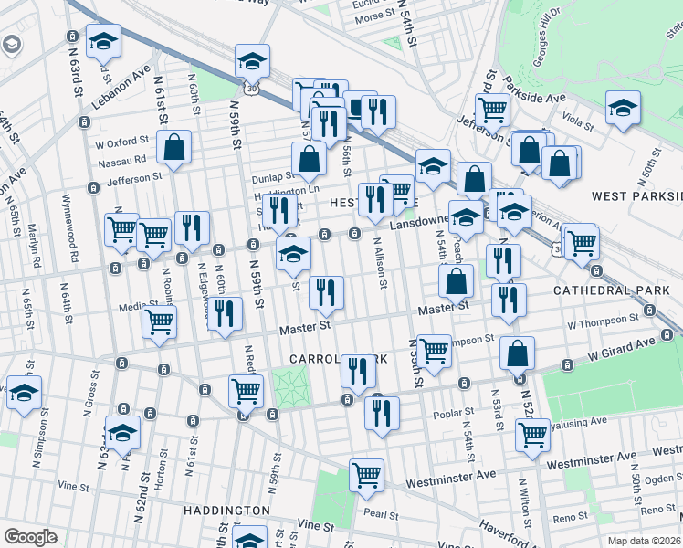 map of restaurants, bars, coffee shops, grocery stores, and more near 5612 Media Street in Philadelphia