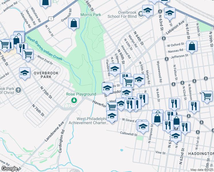 map of restaurants, bars, coffee shops, grocery stores, and more near 6729 Leeds Street in Philadelphia