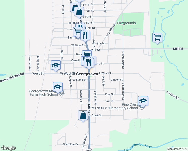 map of restaurants, bars, coffee shops, grocery stores, and more near 100 South Walnut Street in Georgetown