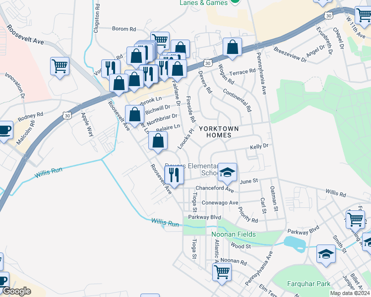 map of restaurants, bars, coffee shops, grocery stores, and more near 883 Tioga Street in York