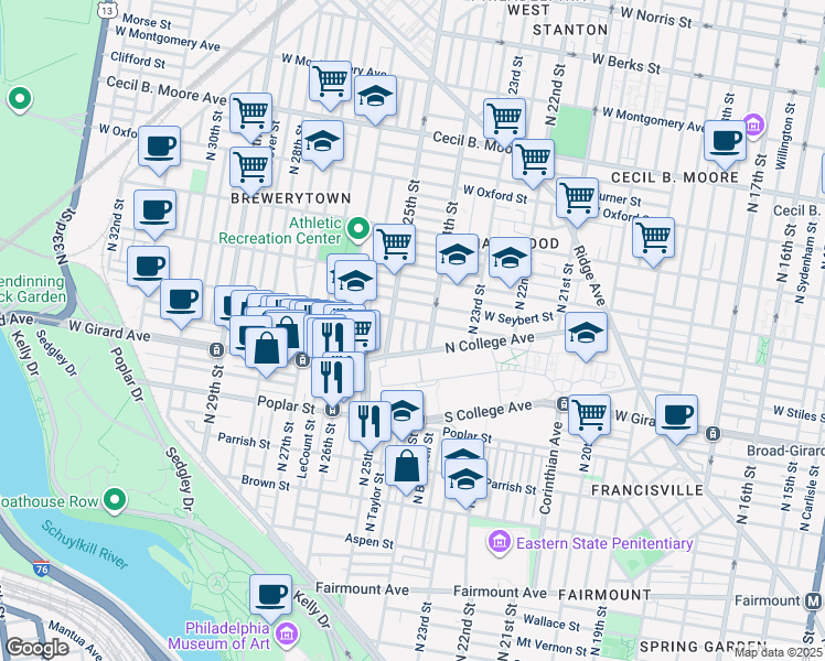 map of restaurants, bars, coffee shops, grocery stores, and more near 1220 North Ringgold Street in Philadelphia