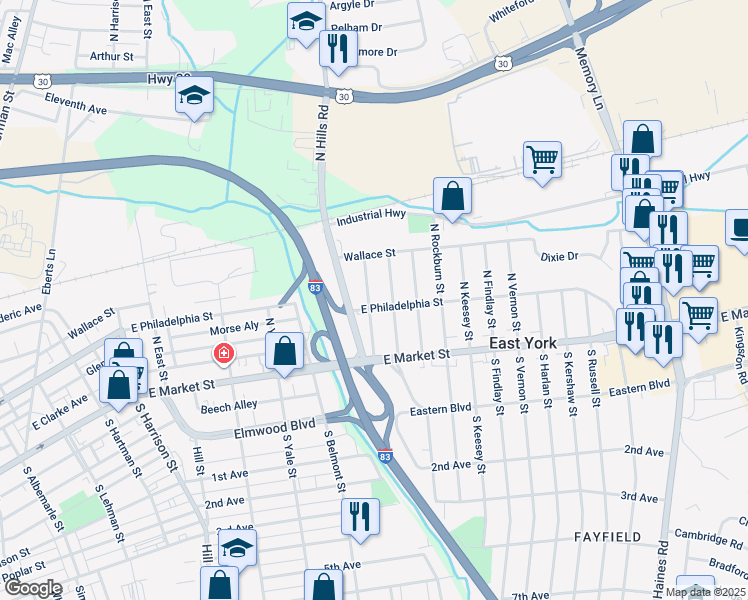 map of restaurants, bars, coffee shops, grocery stores, and more near 109 North Oxford Street in East York