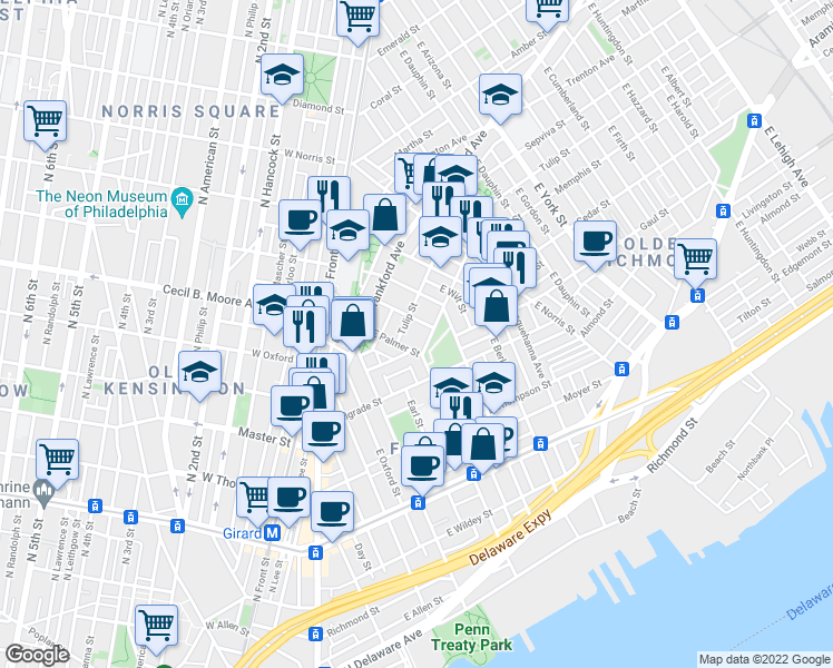 map of restaurants, bars, coffee shops, grocery stores, and more near 1714 Memphis Street in Philadelphia