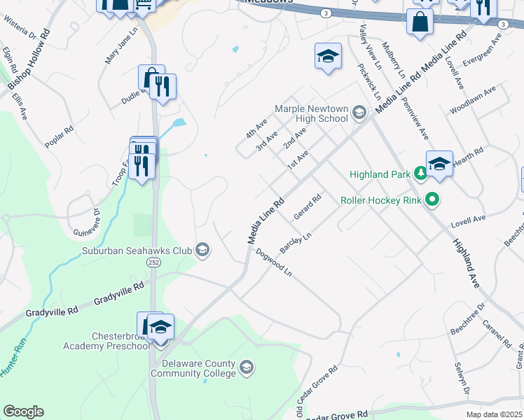 map of restaurants, bars, coffee shops, grocery stores, and more near 518 Media Line Road in Newtown Square
