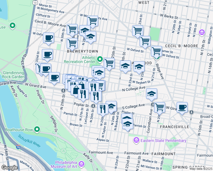 map of restaurants, bars, coffee shops, grocery stores, and more near 1217 North 25th Street in Philadelphia