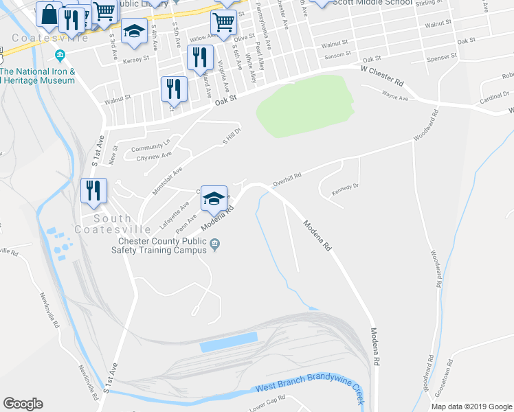 map of restaurants, bars, coffee shops, grocery stores, and more near 147 Modena Road in Coatesville