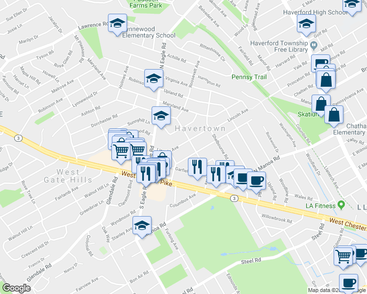 map of restaurants, bars, coffee shops, grocery stores, and more near 121 Lincoln Avenue in Havertown
