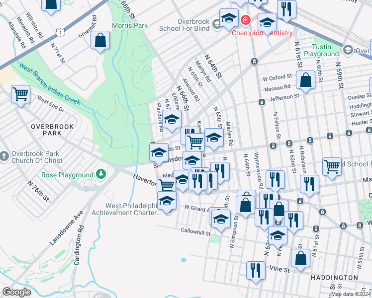 map of restaurants, bars, coffee shops, grocery stores, and more near 6616 Leeds Street in Philadelphia