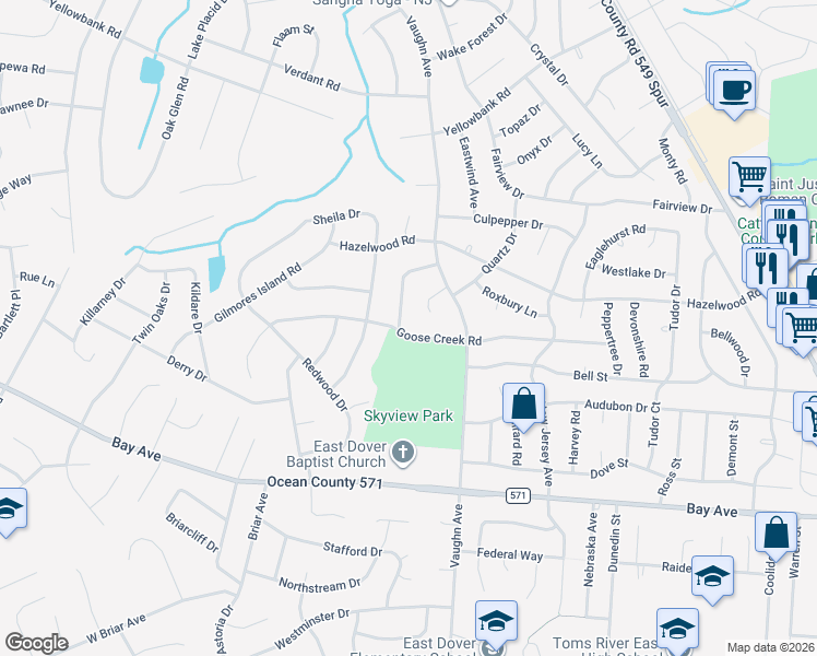 map of restaurants, bars, coffee shops, grocery stores, and more near 960 Goose Creek Road in Toms River