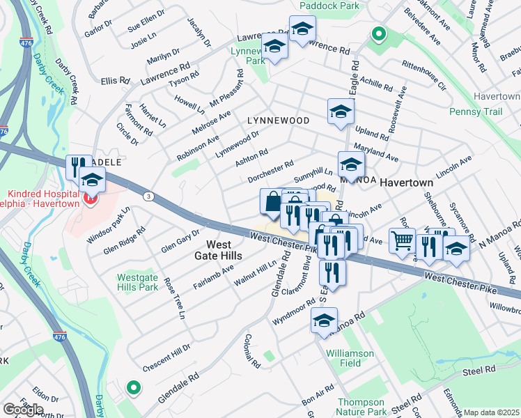 map of restaurants, bars, coffee shops, grocery stores, and more near 1508 Brierwood Road in Havertown