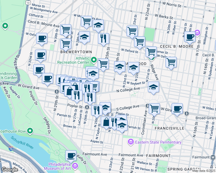 map of restaurants, bars, coffee shops, grocery stores, and more near 1220 North Ringgold Street in Philadelphia