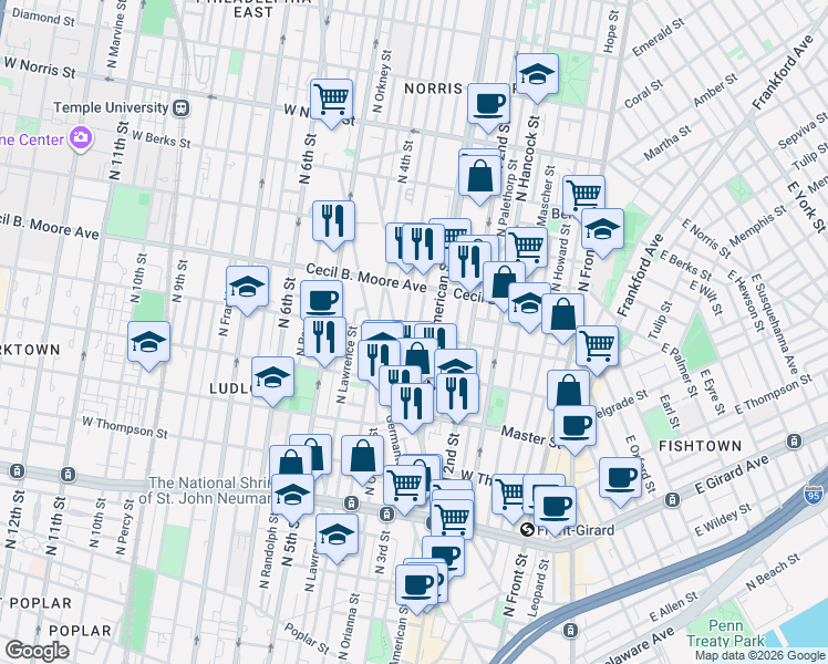 map of restaurants, bars, coffee shops, grocery stores, and more near 266 West Oxford Street in Philadelphia