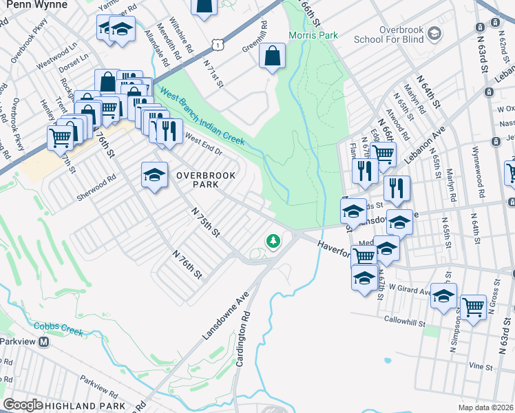 map of restaurants, bars, coffee shops, grocery stores, and more near 7235 Haverford Avenue in Philadelphia